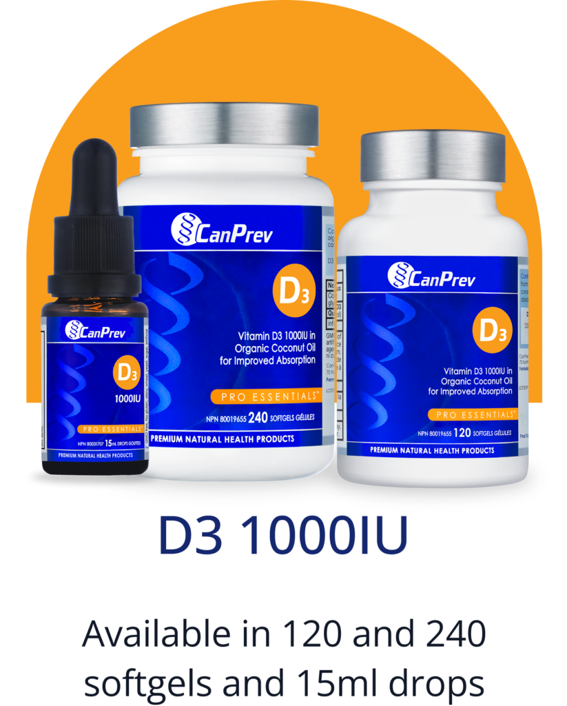 CanPrev D3 vitamin bottles (1000 IU) in blue labels, set against orange backdrop—supplement packaging display