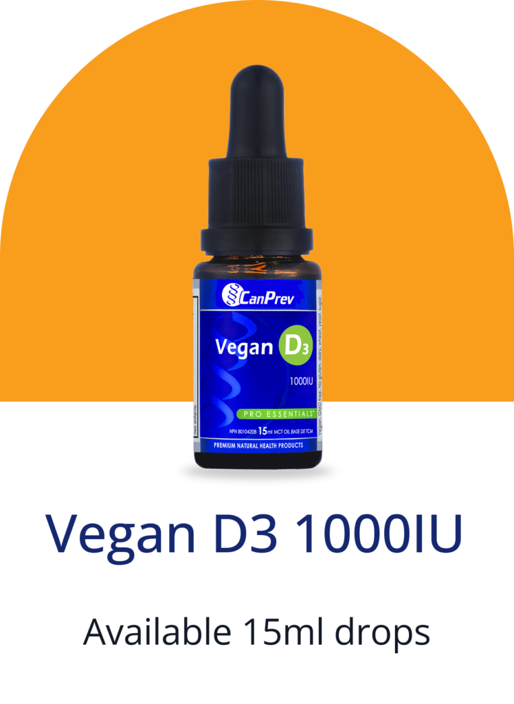 Vegan D3 1000IU dropper bottle by CanPrev on an orange arc background, 15 ml drops