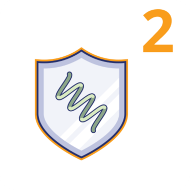 Shield badge with light blue interior and orange border, a green squiggle in the center, and an orange 2 in the top-right corner.